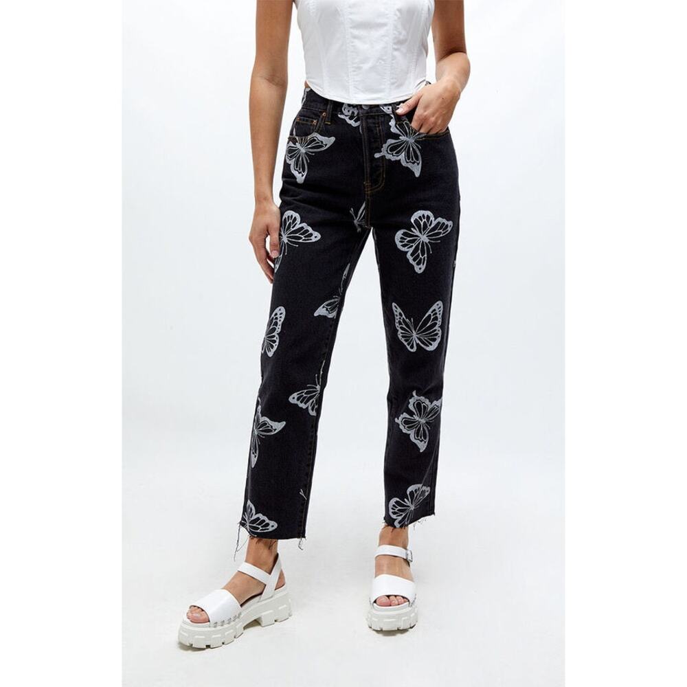 Pacsun | Black Butterfly Frayed Hem High Waisted Straight Leg Jeans Preppy- 25